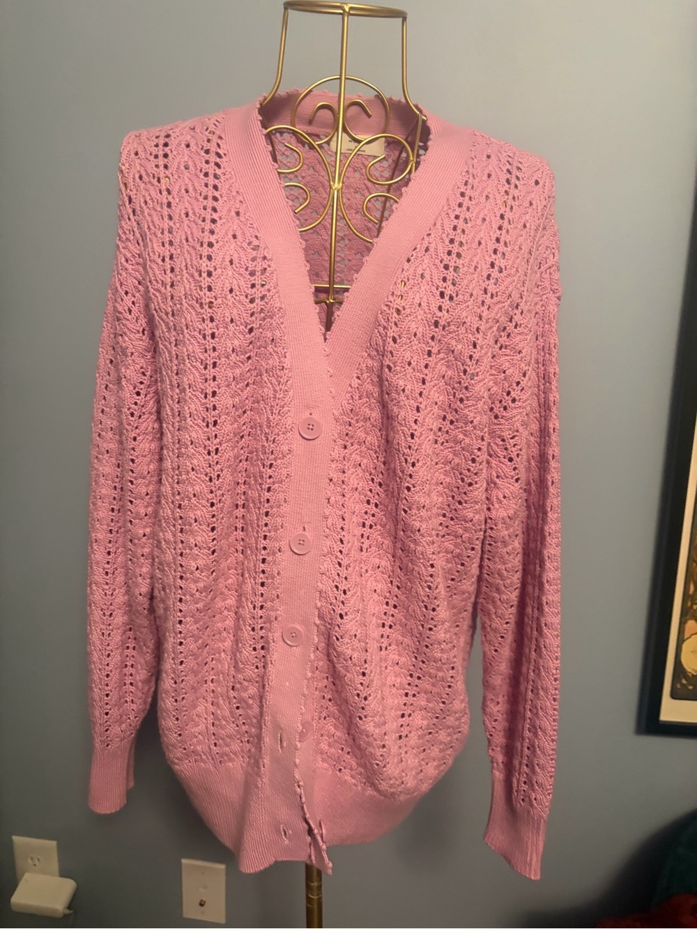 Aritzia Pink Open-Knit V-Neck Button Front Sweater Cardigan